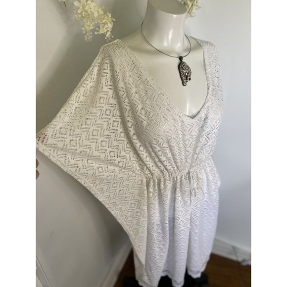 Tahiti Crochet Swim Cover Up Womens White V Neck Boho Dress XL Adjust Waist VTG - Picture 5 of 16